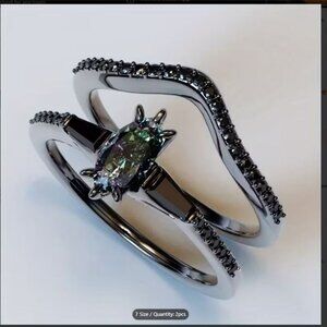 Marquise Cut Alexandrite Engagement Wedding Stacked 2 Ring Set in Rhodium